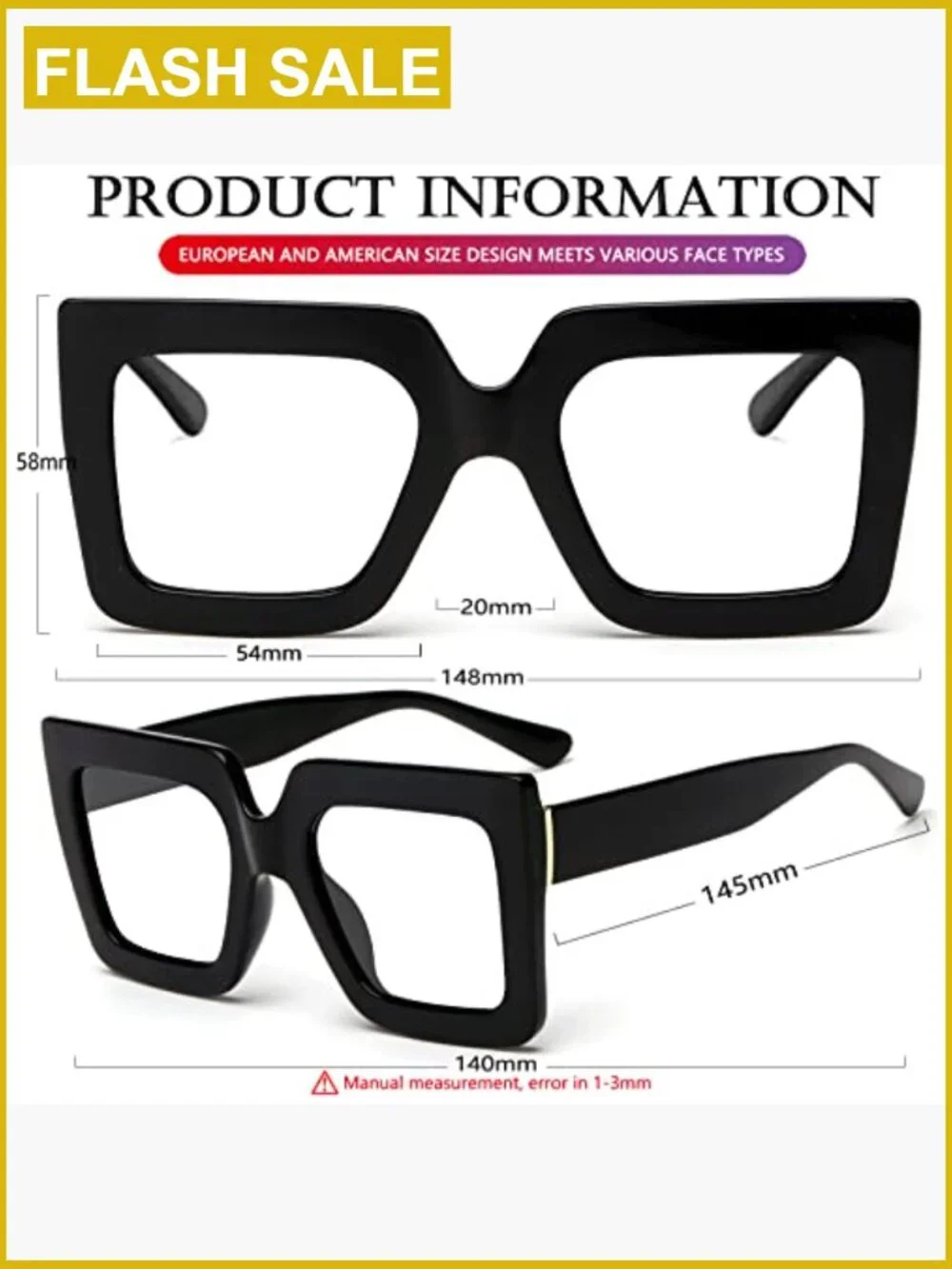 Oversized Square Blue Light Blocking Glasses Full Rim UV Protection